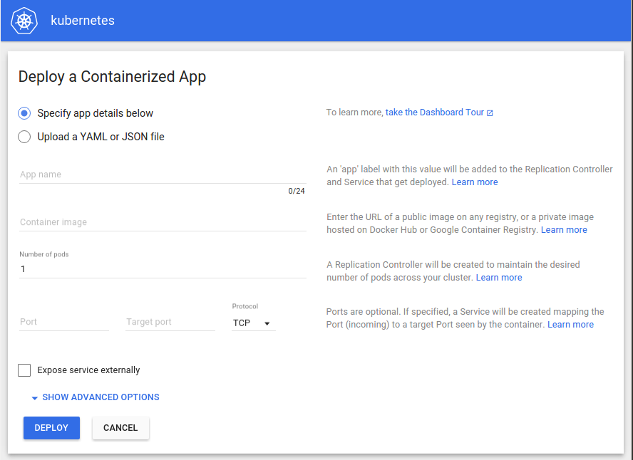 Kubernetes Dashboard deploy form