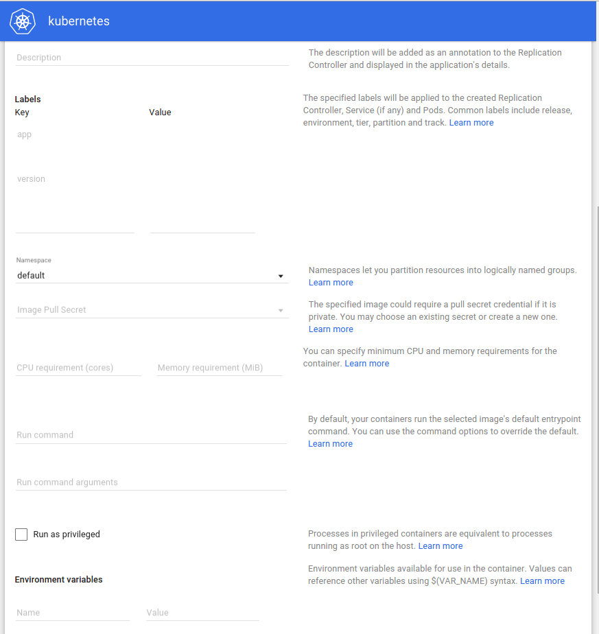 Kubernetes Dashboard deploy form advanced options